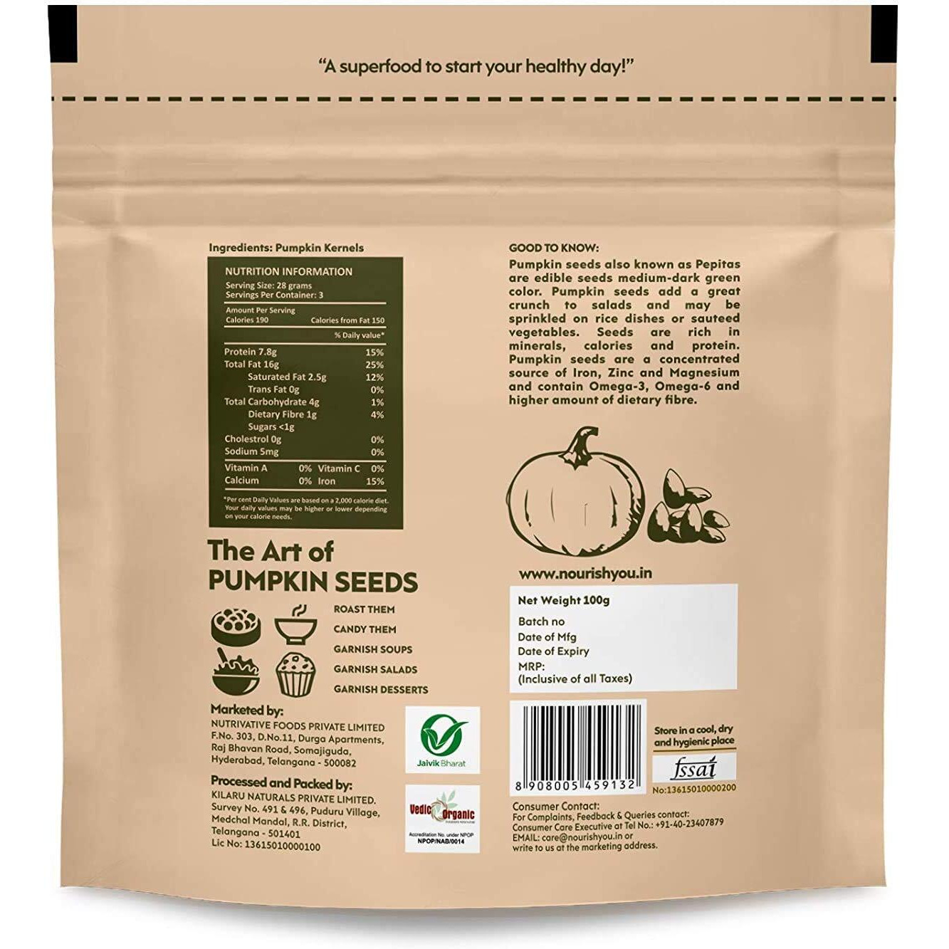 Nourish You Pumpkin Seeds 500 G - 100% Organic Raw Pumpkin Seeds for Eating | Immunity Booster and Protein Rich Seeds | Healthy Diet Snacks | Weight Management | Rich in Fibre