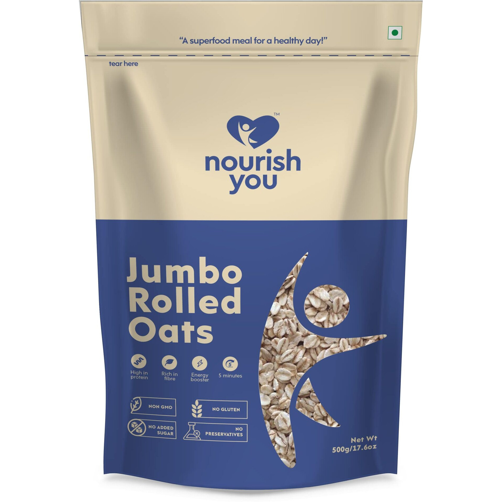 Nourish You Jumbo Rolled Oats | Gluten Free | Whole Grain Rolled Oats with High Fibre & Protein | Diet food for Weight Management | 500 G