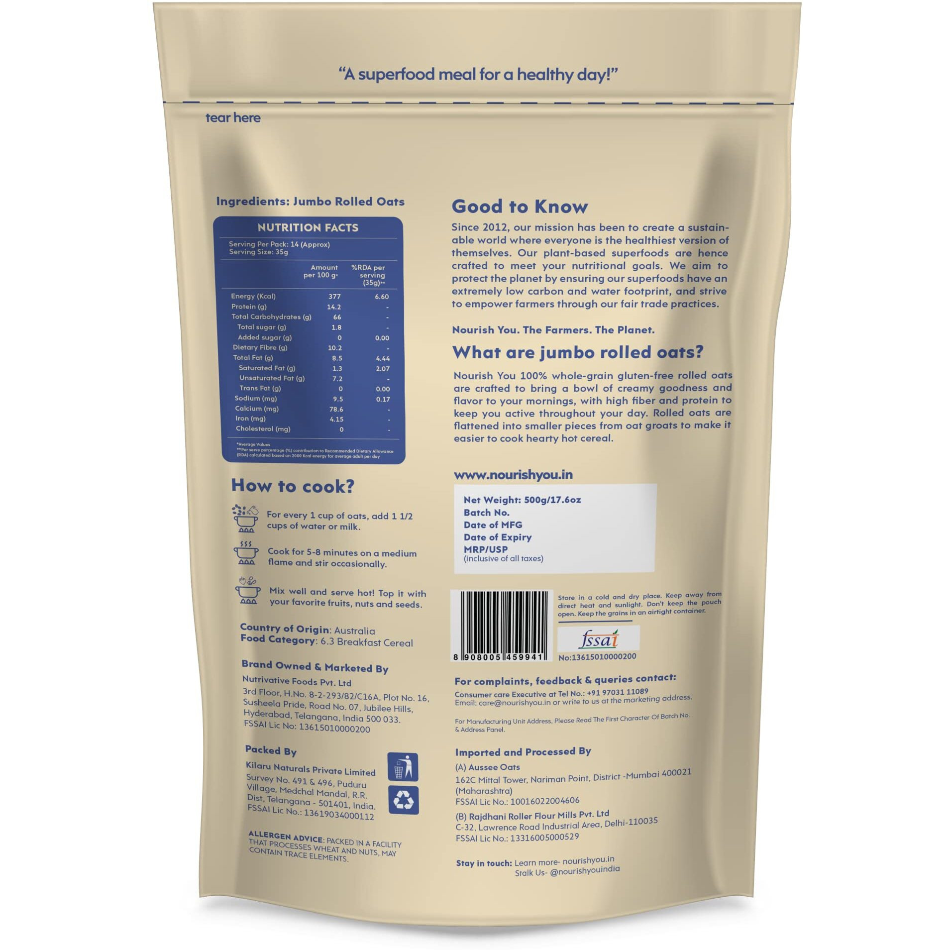 Nourish You Jumbo Rolled Oats | Gluten Free | Whole Grain Rolled Oats with High Fibre & Protein | Diet food for Weight Management | 500 G