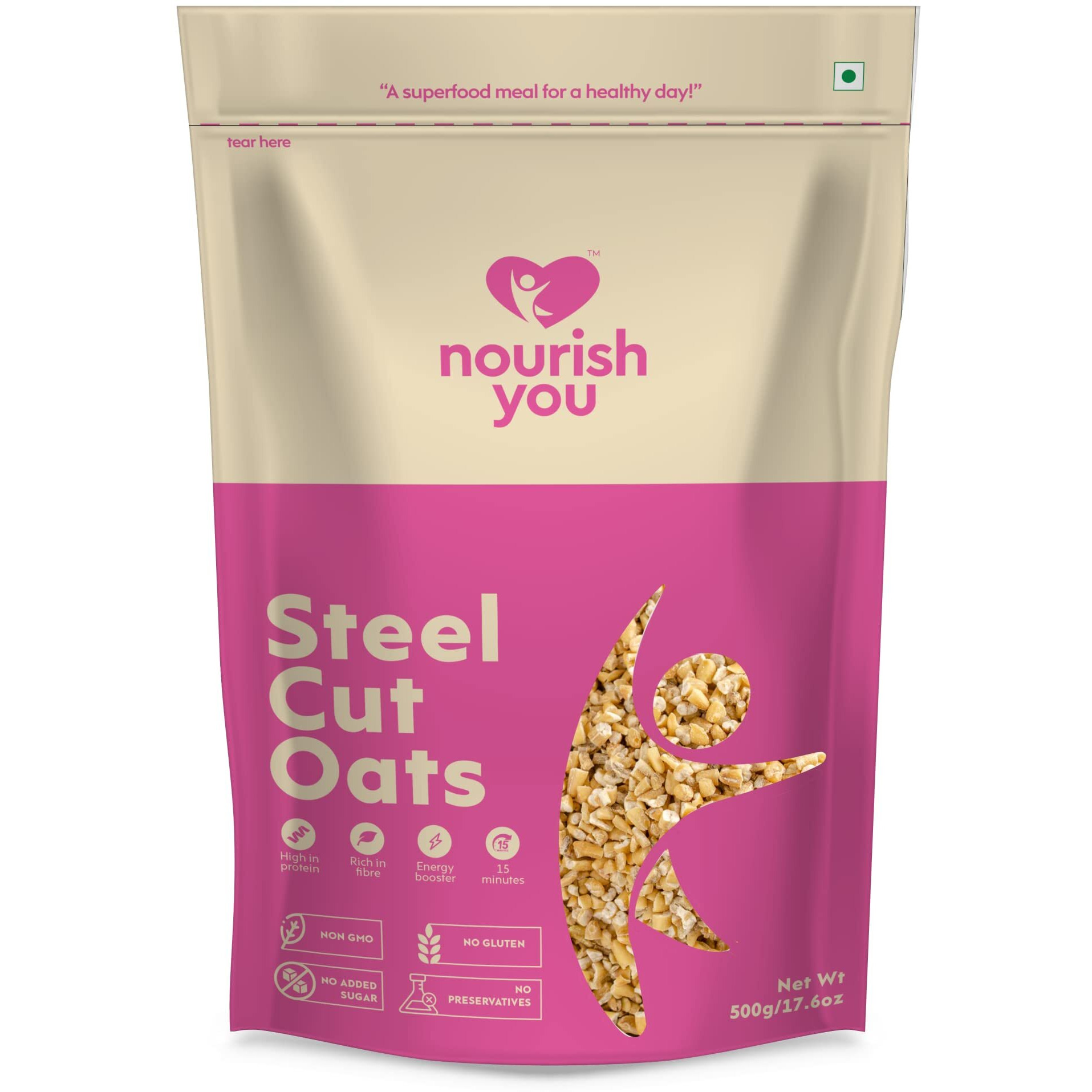 Nourish You Steel Cut Oats | Gluten Free Oats | High in Iron & Fibre | Healthy Protein Breakfast Oatmeal | Diet food for Weight Management | 500 G