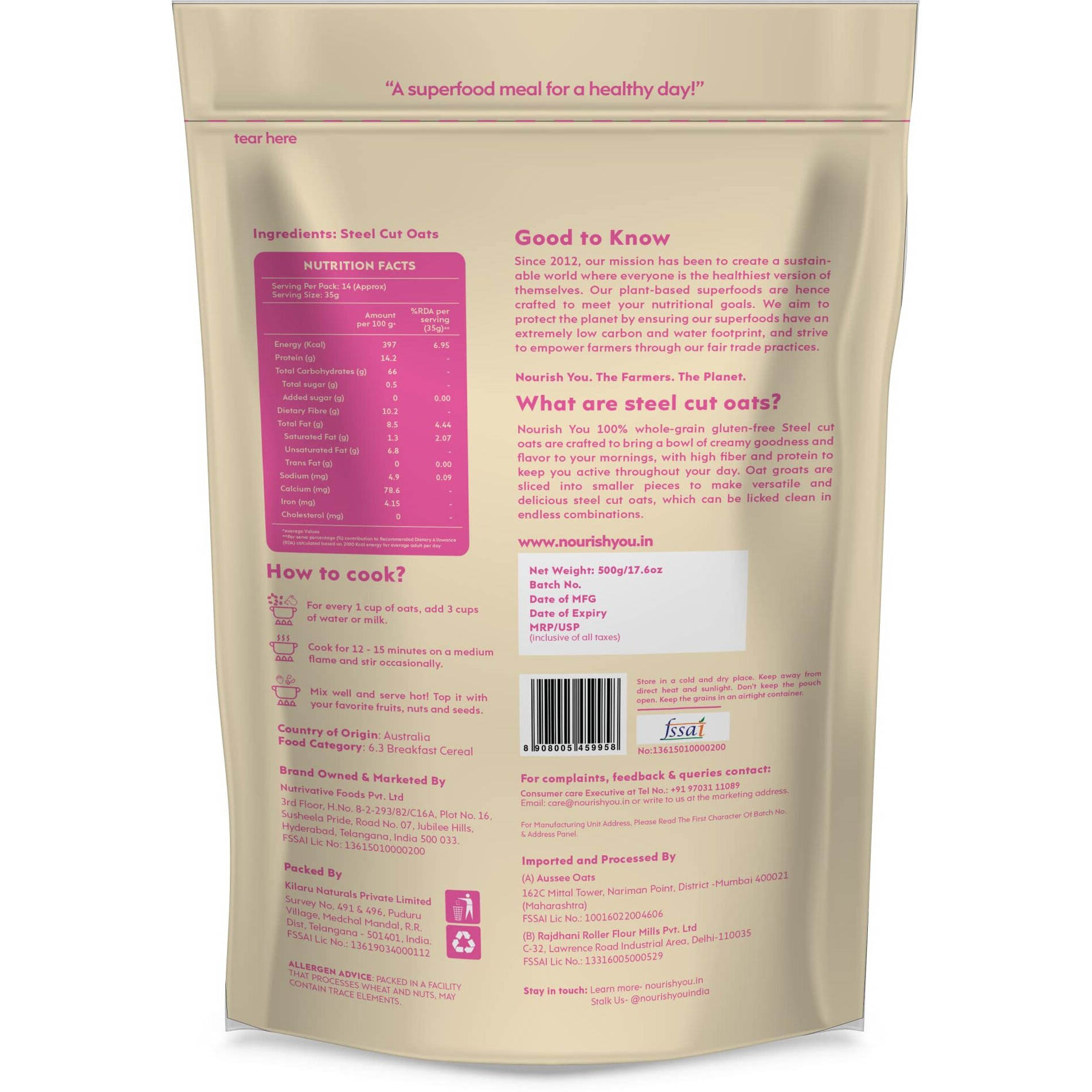 Nourish You Steel Cut Oats | Gluten Free Oats | High in Iron & Fibre | Healthy Protein Breakfast Oatmeal | Diet food for Weight Management | 500 G