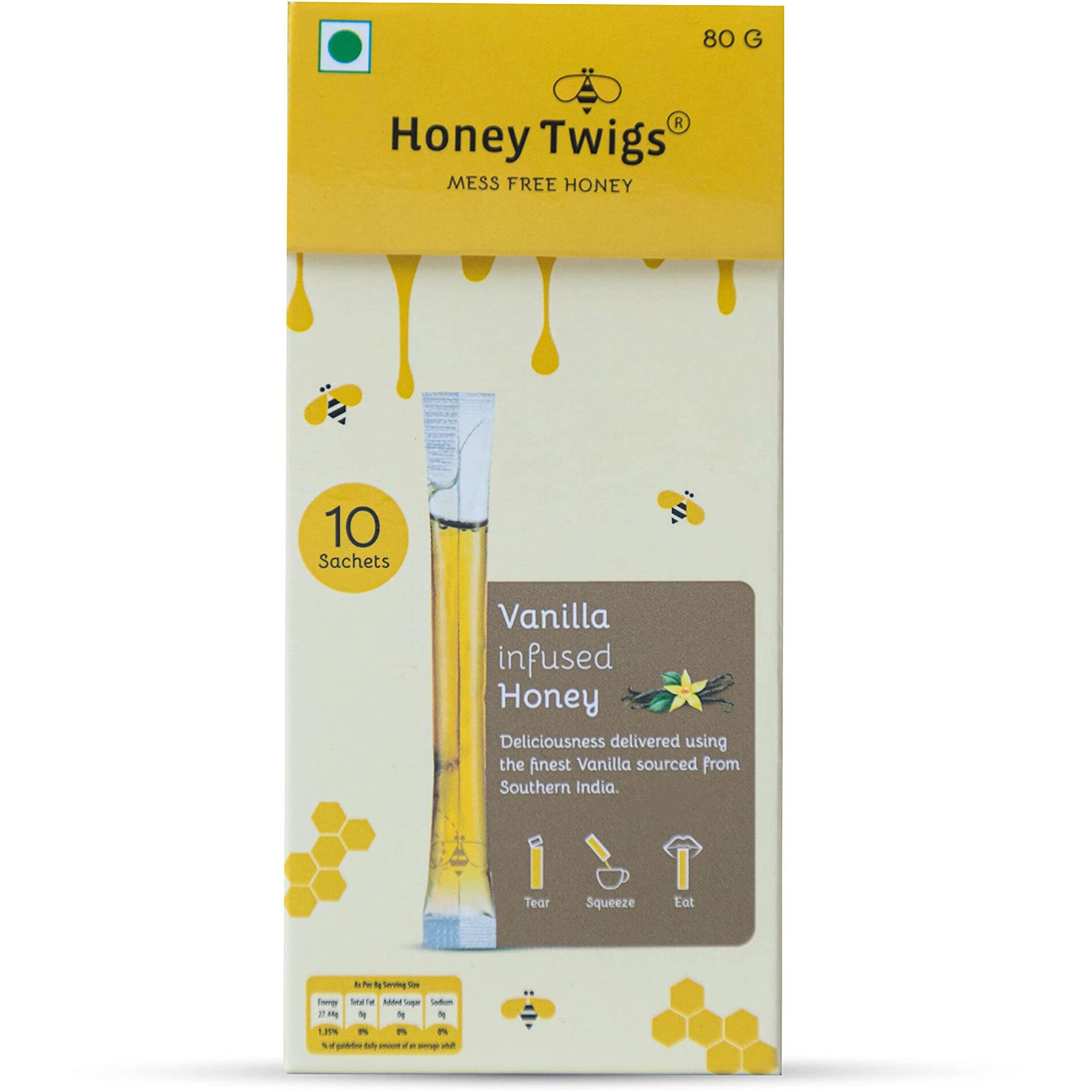 Honey Twigs Vanilla Honey | 100% Pure & Natural Honey, 80gms (10 Sachets) | Perfect for Soothing and Calming the Body