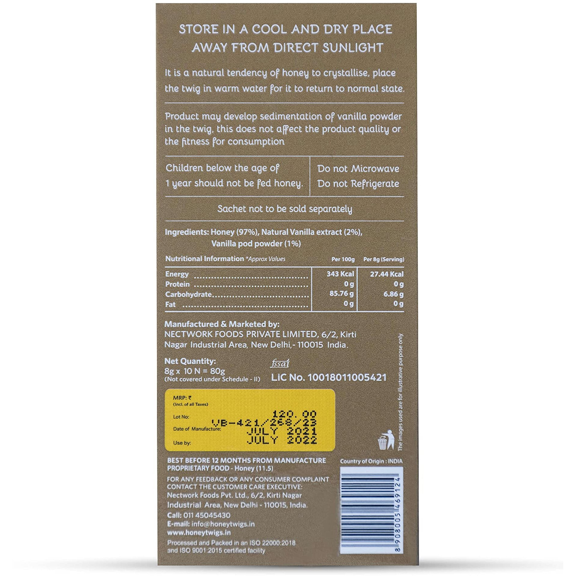 Honey Twigs Vanilla Honey | 100% Pure & Natural Honey, 80gms (10 Sachets) | Perfect for Soothing and Calming the Body