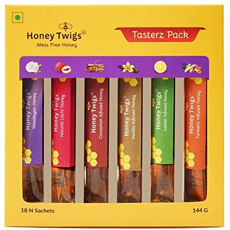 Honey Twigs Tasterz Honey Combo Pack Himalayan Multiflora, Natural Litchi, Cinnamon, Vanilla, Lemon and Turmeric Infused Honey  3 Sachets x 6 flavors | 100% Natural & Traceable Source No Added Sugar