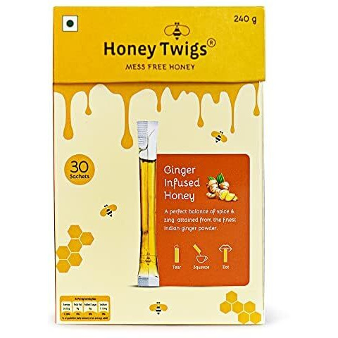 Honey Twigs Ginger Honey | 100% Pure Honey, 240gms (8g x 30 Sachets) | Perfect for a Healthy Lifestyle | Infused with Natural Ginger | Tested Honey | Traceable Honey | Ideal for Tea and Snacks