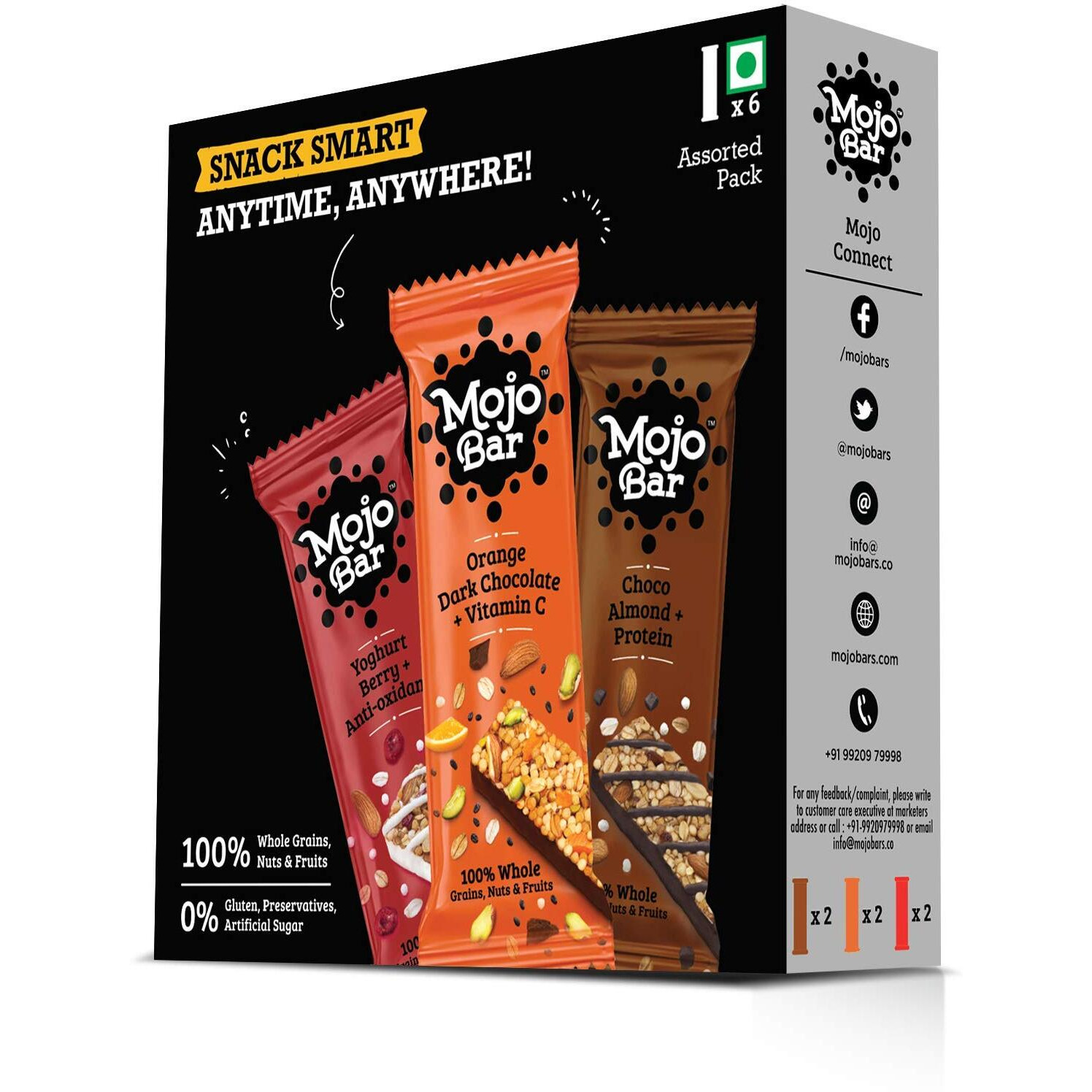 Mojo Bar Energy Bars Variety Pack | Choco Almond, Yoghurt Berry & Orange Dark Choco | 100% Whole Grains, Nut & Fruit | High Energy & Granola Bars | Pack of 6 x 32g Energy Bars | Gluten Free & No Preservatives
