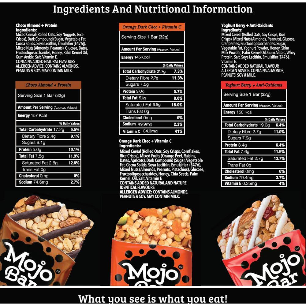 Mojo Bar Energy Bars Variety Pack | Choco Almond, Yoghurt Berry & Orange Dark Choco | 100% Whole Grains, Nut & Fruit | High Energy & Granola Bars | Pack of 6 x 32g Energy Bars | Gluten Free & No Preservatives