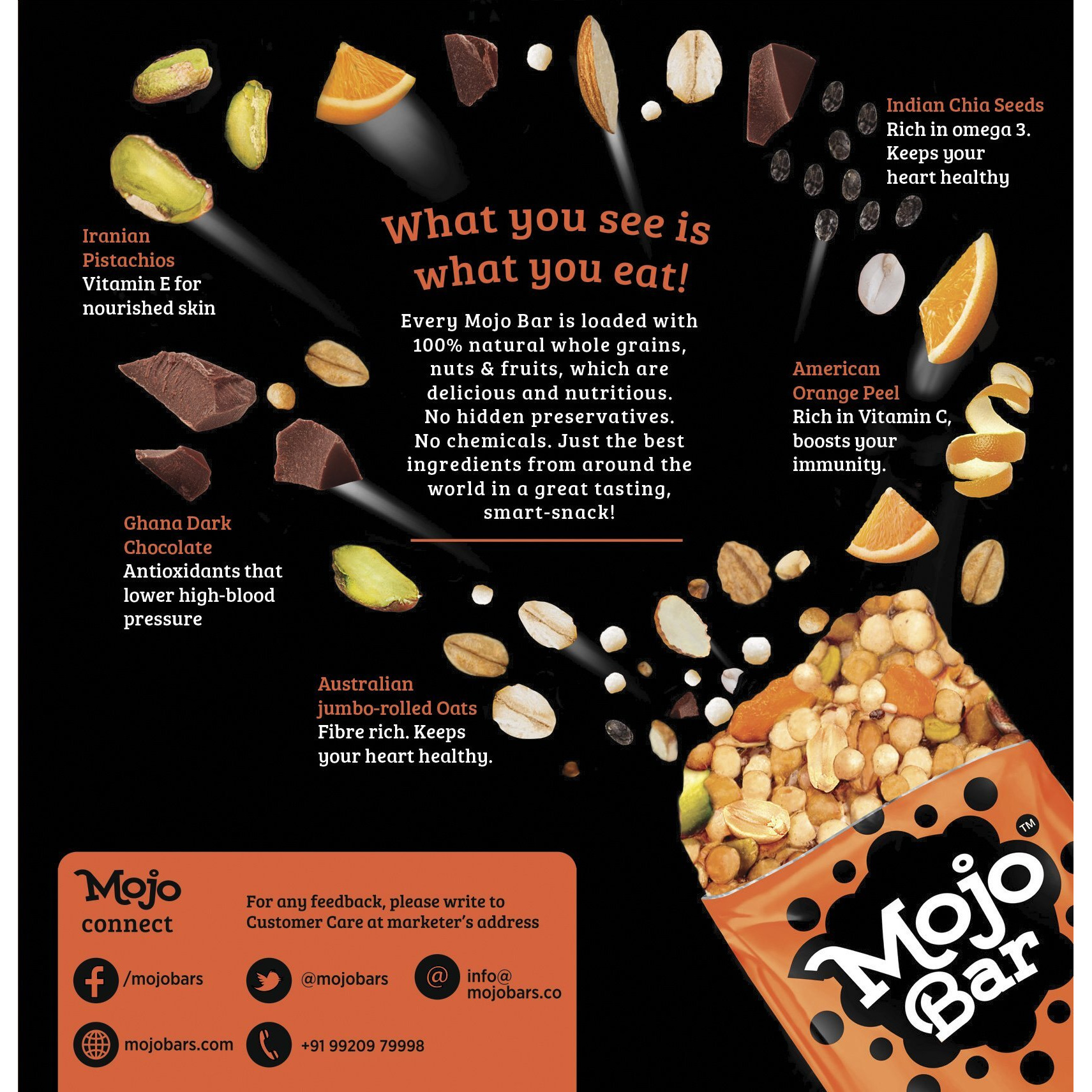 Mojo Bar Energy Bars Orange Dark Chocolate & Vitamin C | 100% Whole Grains, Nut & Fruit | High Energy & Granola Bars | Pack of 6 x 32g Energy Bars | Gluten Free & No Preservatives