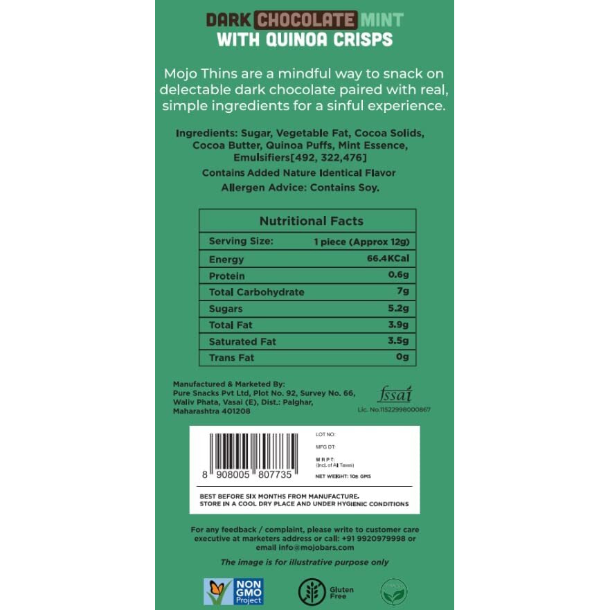 Mojo Bar Thins - Dark Chocolate Mint with Quinoa Crisps (Vegan, Portion Controlled), 108 GM