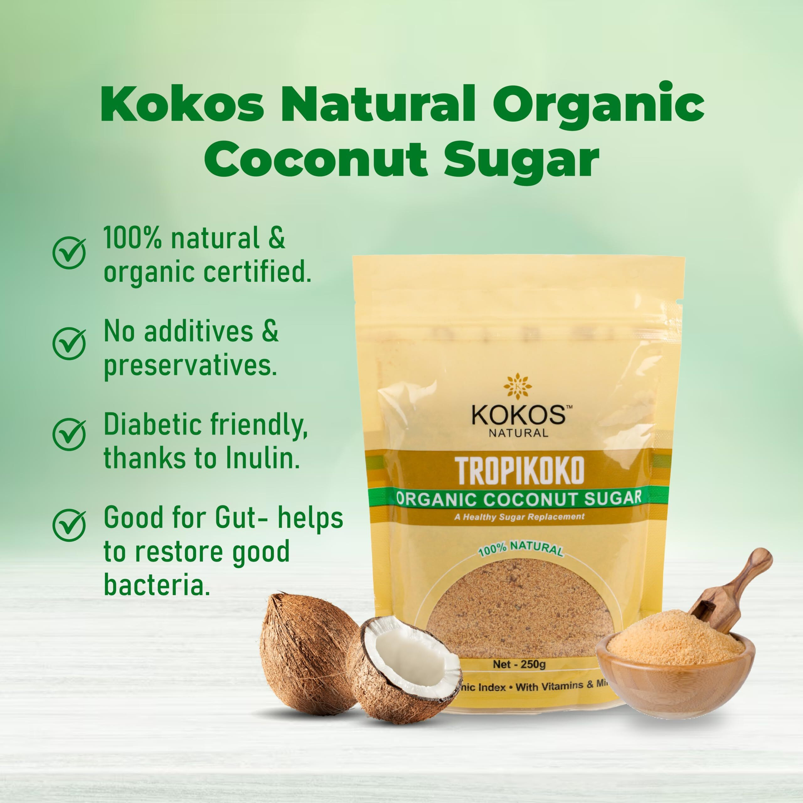 Kokos Natural- Tropikoko Organic Coconut Sugar - 250 Gm | 100% Natural Sugar Replacement | Contains 15 Essential Vitamins and Minerals | Organic Sugar | Sugar Substitute | Pack of 1