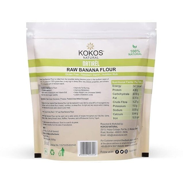 Kokos Natural Raw Banana Flour|Gluten-Free Atta|No Preservatives|Nutrition Rich & Starch|Organic Food Products|500 Gram (Pack Of 2)