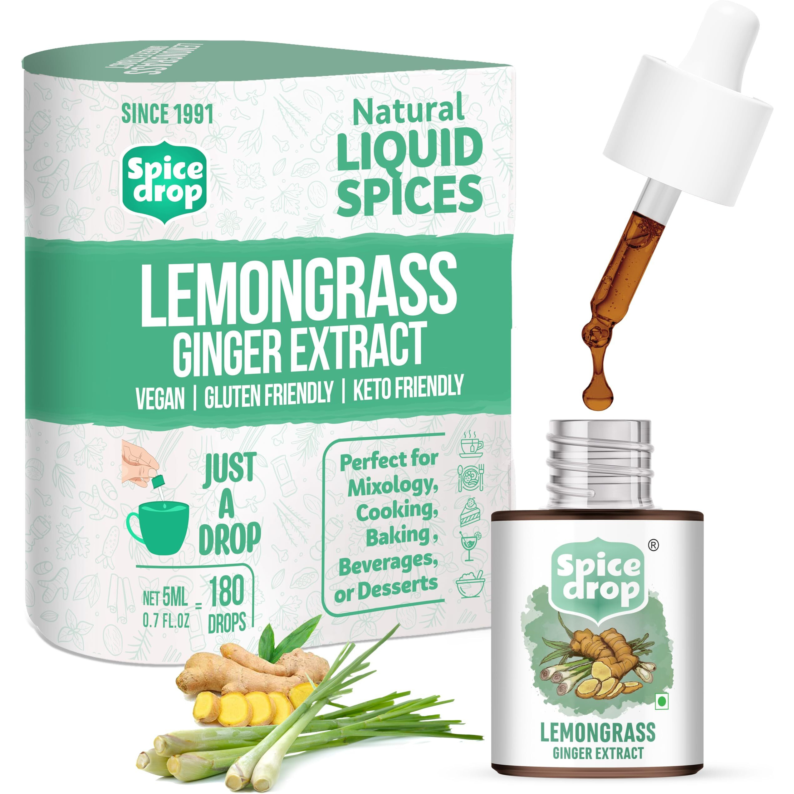 Spice Drop Lemongrass Ginger Natural Extract | Best Used For Herbal Tea, Soups, Shakes, and Beverages | No Added Preservatives | Vegan Paleo Friendly | Drop And Stir | Non-GMO | 5 ML (180 Drops)