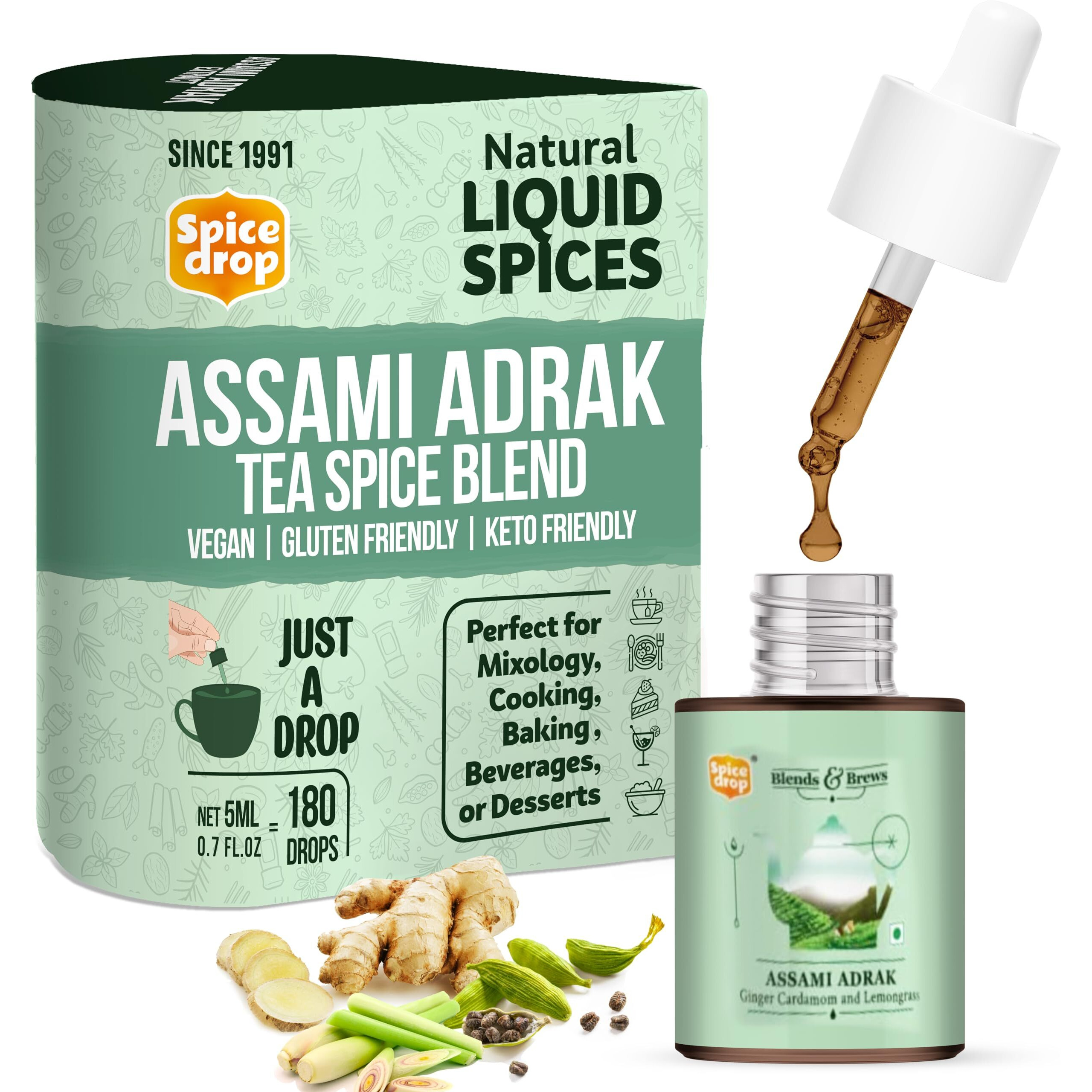 Spice Drop Assami Adrak Chai Masala Extract | Tea Masala Drops |Authentic Indian Recipe| No preservative | 5 ML (Pack of 1 x 180 Drops)| 1 drop per cup | Flavors 180 cups| 5ML equals 125 gms of powder