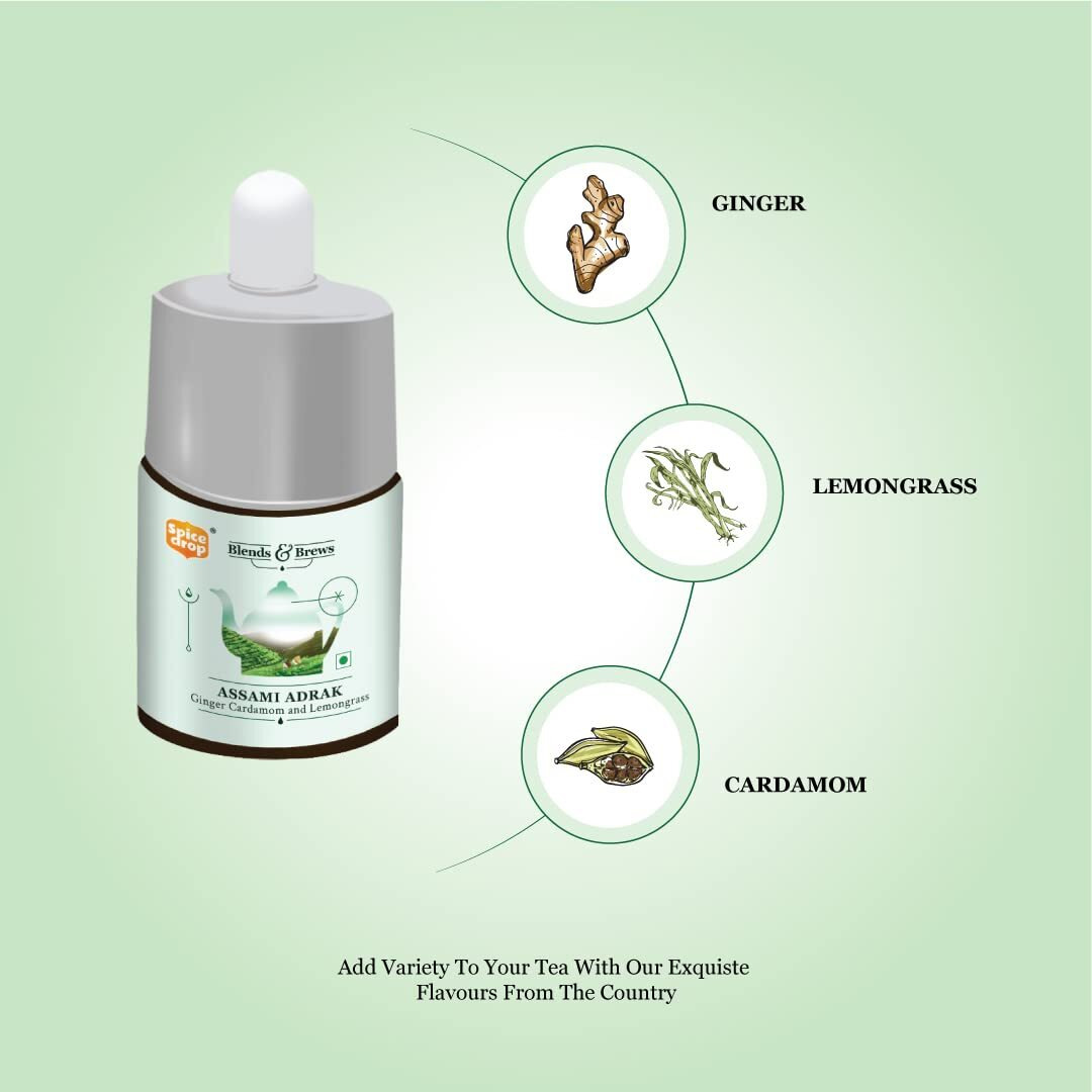 Spice Drop Assami Adrak Chai Masala Extract | Tea Masala Drops |Authentic Indian Recipe| No preservative | 5 ML (Pack of 1 x 180 Drops)| 1 drop per cup | Flavors 180 cups| 5ML equals 125 gms of powder