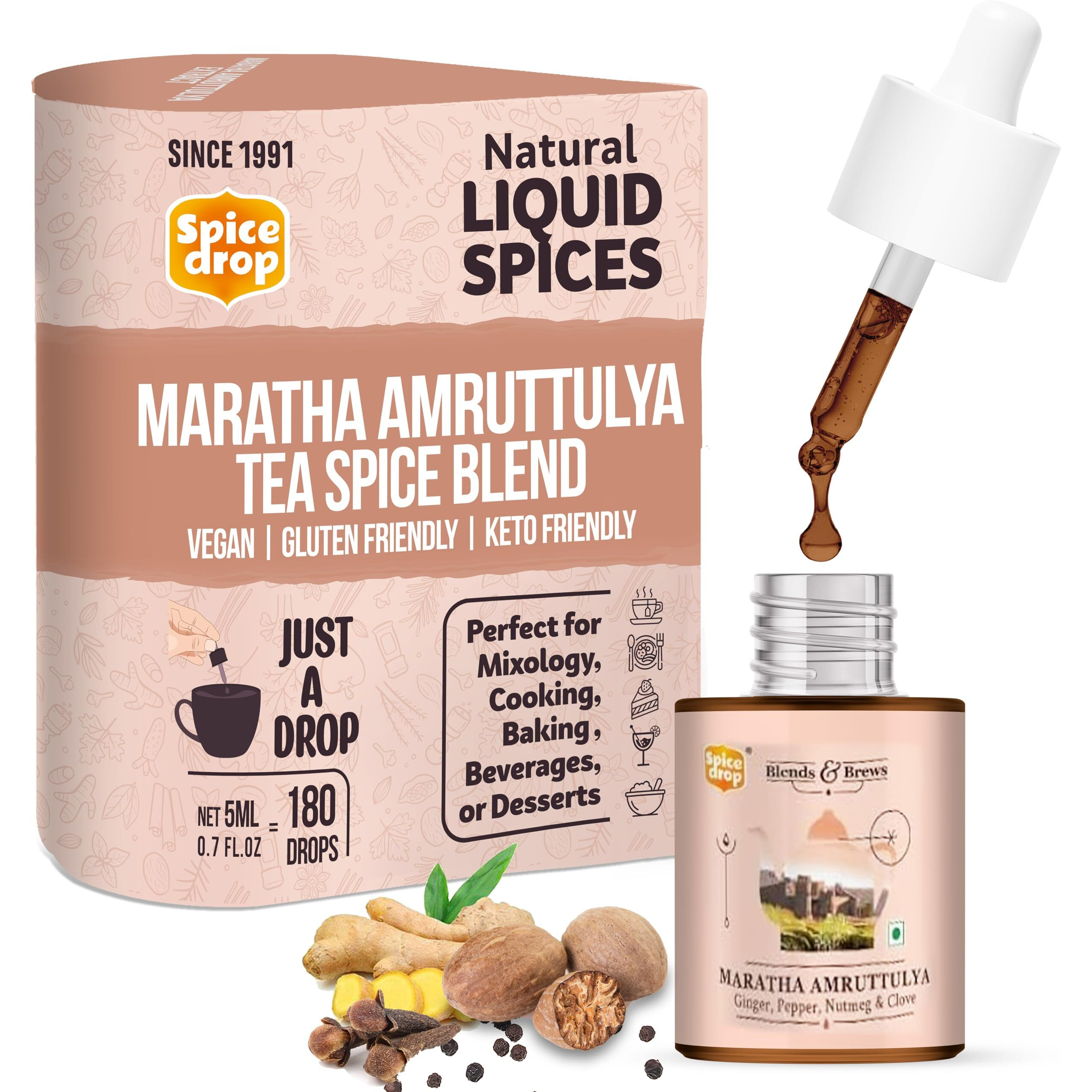 Spice Drop Maratha Amruttulya Chai Masala Extract | Contains Ginger, Clove & Nutmeg | Flavors 180 cups | 5ML equals 125 grams of powder | No preservative | 1 drop per cup | Tea Masala Drops