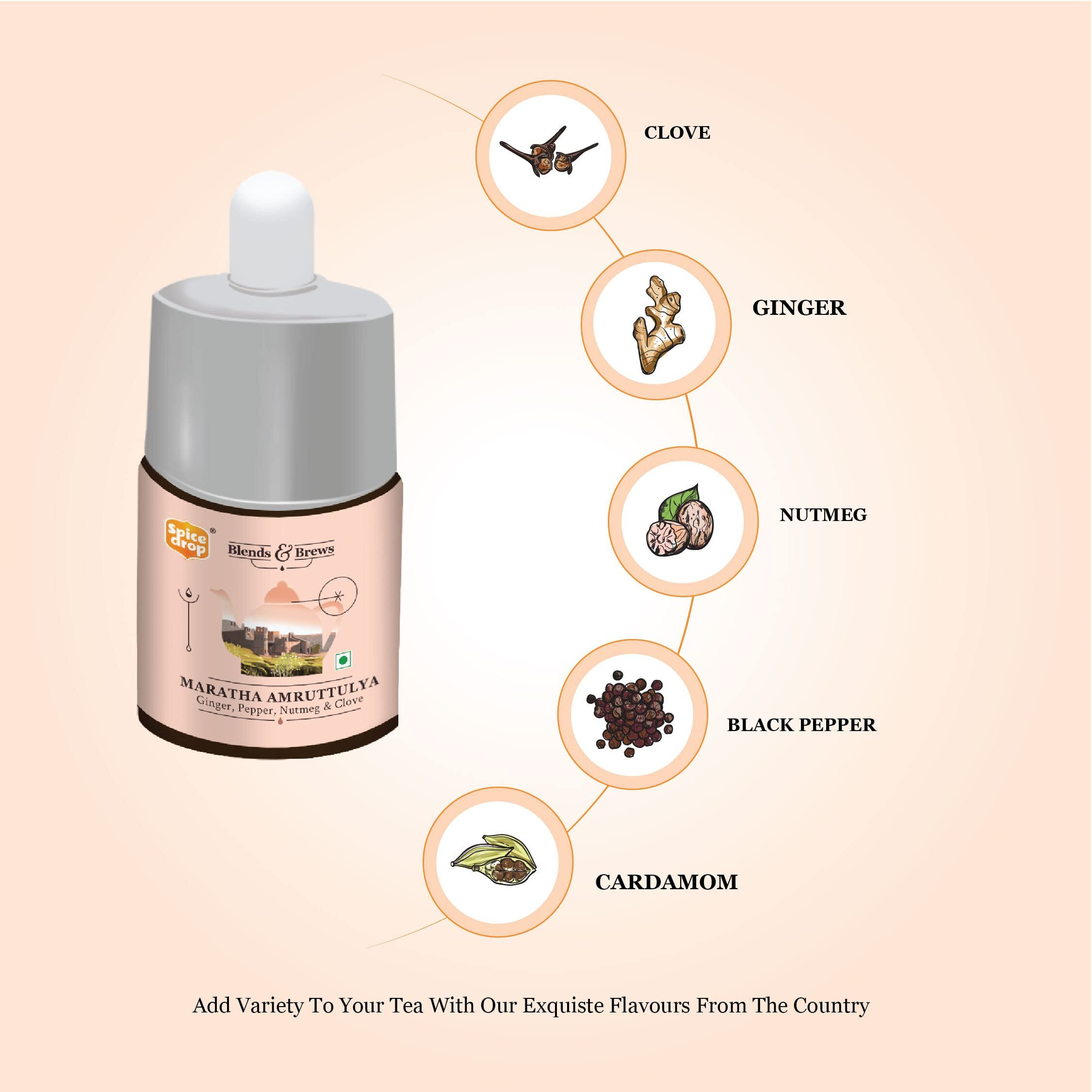 Spice Drop Maratha Amruttulya Chai Masala Extract | Contains Ginger, Clove & Nutmeg | Flavors 180 cups | 5ML equals 125 grams of powder | No preservative | 1 drop per cup | Tea Masala Drops