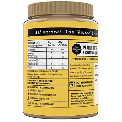 The Butternut Co. Natural Peanut Butter (Crunchy) 1kg, Unsweetened, 32g Protein, No Added Sugar, 100% Peanuts, No Salt, High Protein Peanut Butter, Gluten Free, Vegan, Cholesterol Free