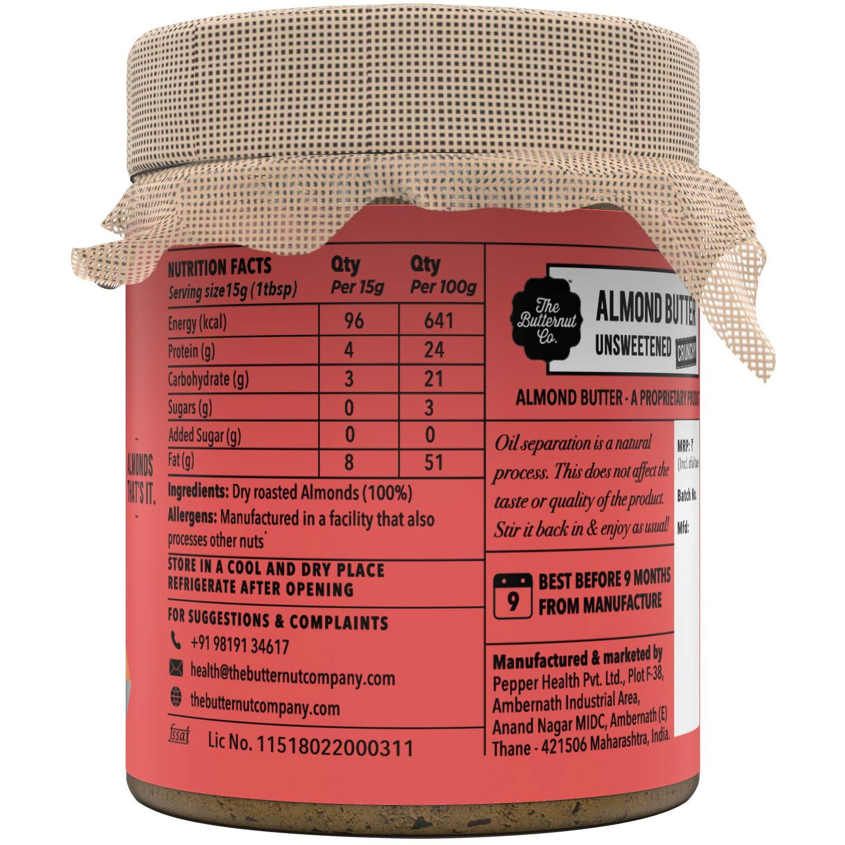 The Butternut Co. Natural Almond Butter (Crunchy) 200g, Unsweetened, 24g Protein, No Added Sugar, 100% Almonds, No Salt, Pure Almond Butter, Gluten Free, Vegan, Keto