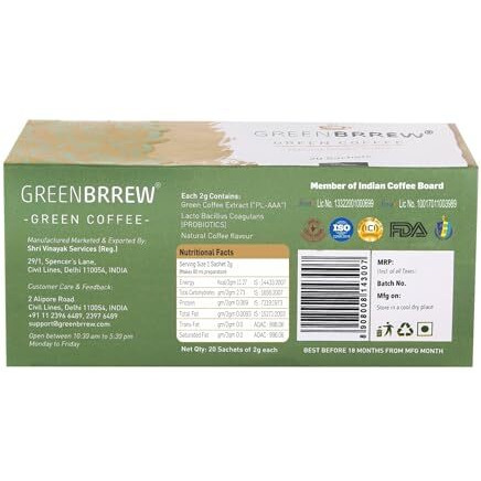 Greenbrrew Natural Instant Coffee Premix | 100% Unroasted Arabica Coffee Beans | Green Coffee Extract (PL-AAA) + Probiotics | Hot & Cold Coffee | 20 Sachets, 40g