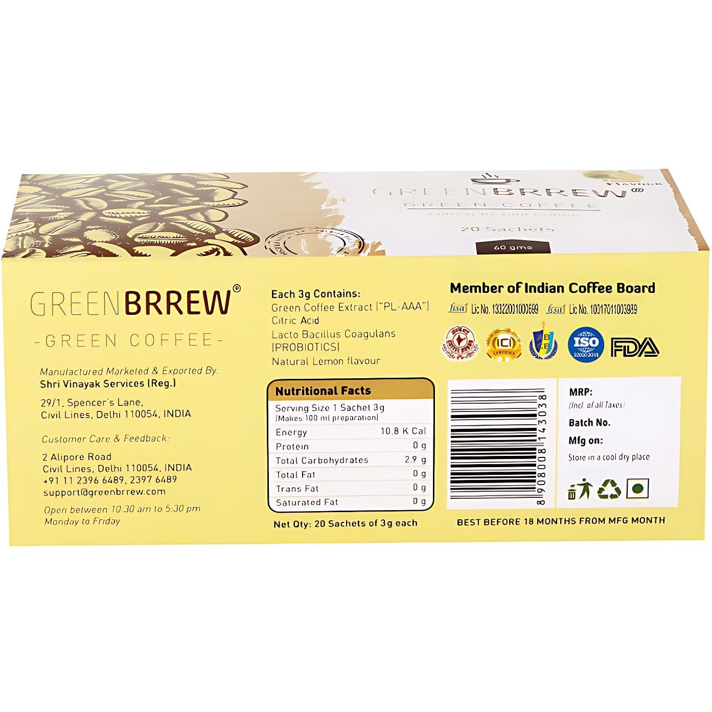 Greenbrrew Lemon Instant Coffee Premix | 100% Unroasted Arabica Coffee Beans | Green Coffee Extract (PL-AAA) + Probiotics | Hot & Cold Coffee | 20 Sachets, 60g