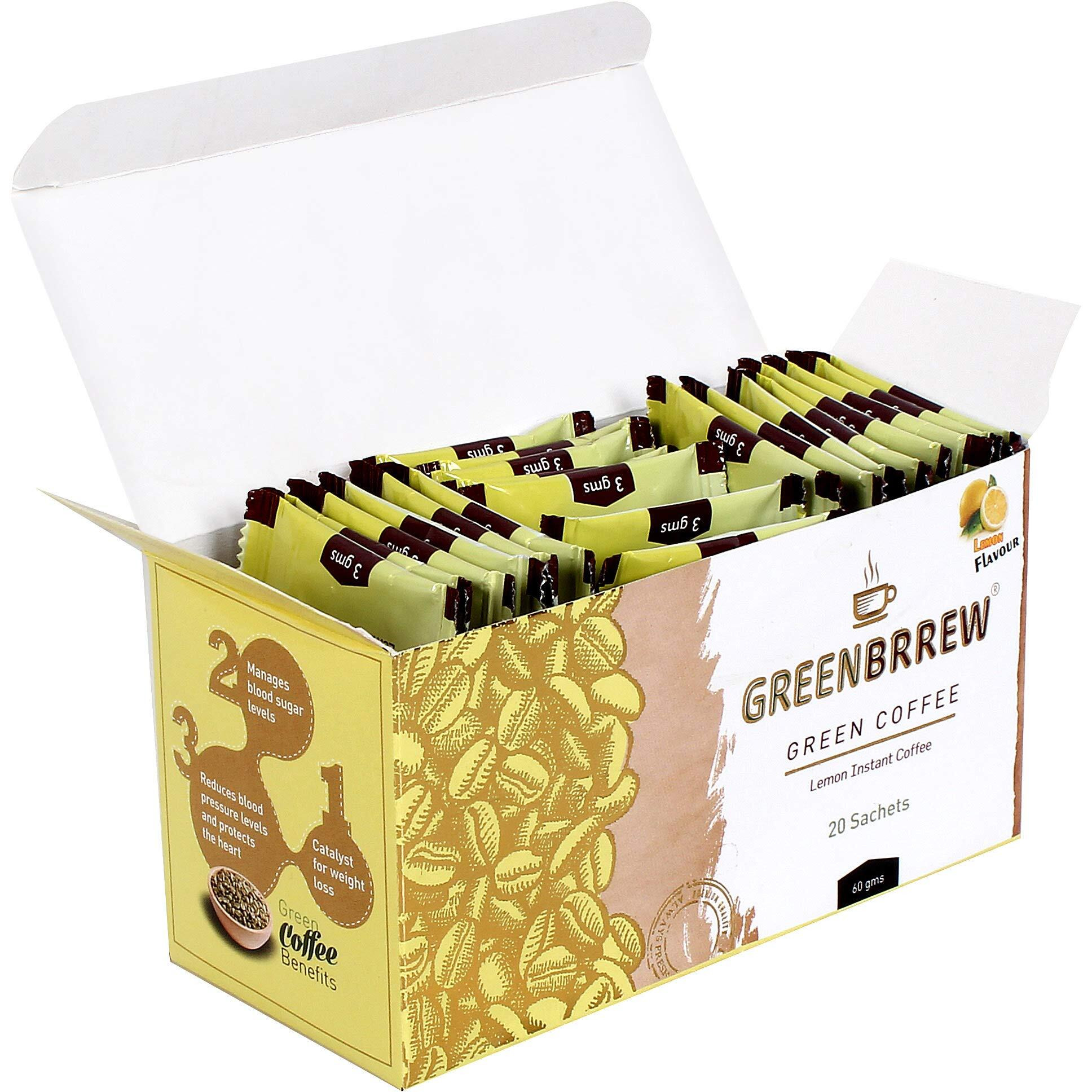 Greenbrrew Lemon Instant Coffee Premix | 100% Unroasted Arabica Coffee Beans | Green Coffee Extract (PL-AAA) + Probiotics | Hot & Cold Coffee | 20 Sachets, 60g