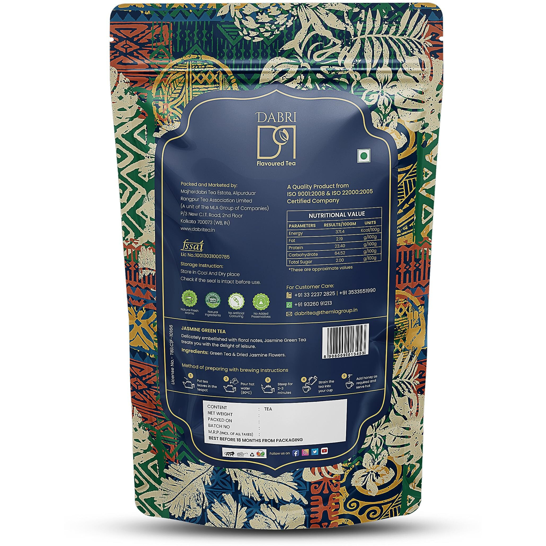 DABRI Jasmine Green Tea Loose Leaves With Dried Jasmin Flowers, Natural Flavour Rich In Antioxidants Helps To Boost Your Metabolism|Boost Brain Function (Pouch Of 100 Gm)