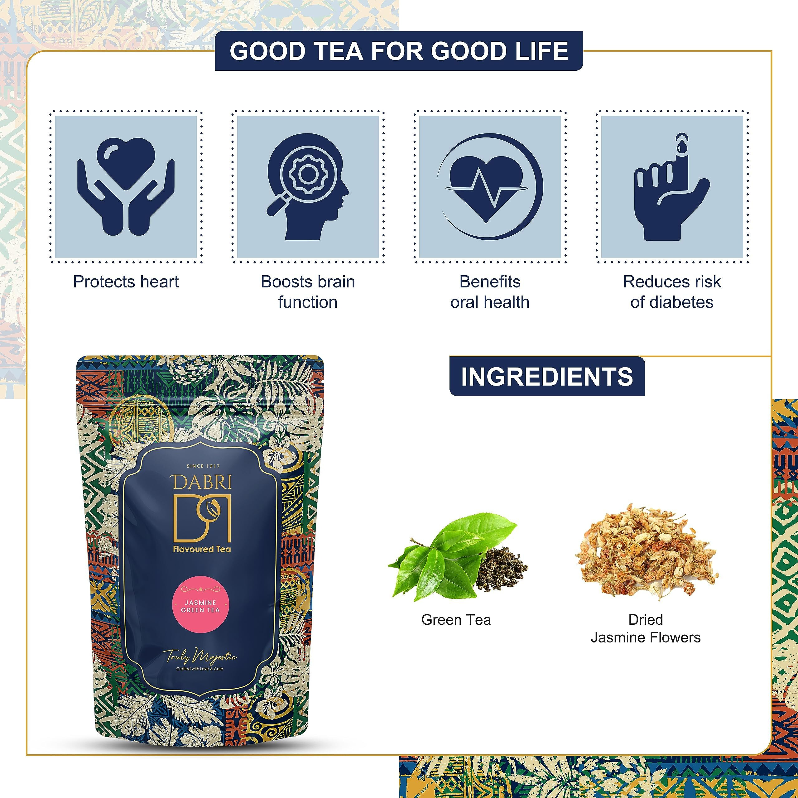 DABRI Jasmine Green Tea Loose Leaves With Dried Jasmin Flowers, Natural Flavour Rich In Antioxidants Helps To Boost Your Metabolism|Boost Brain Function (Pouch Of 100 Gm)