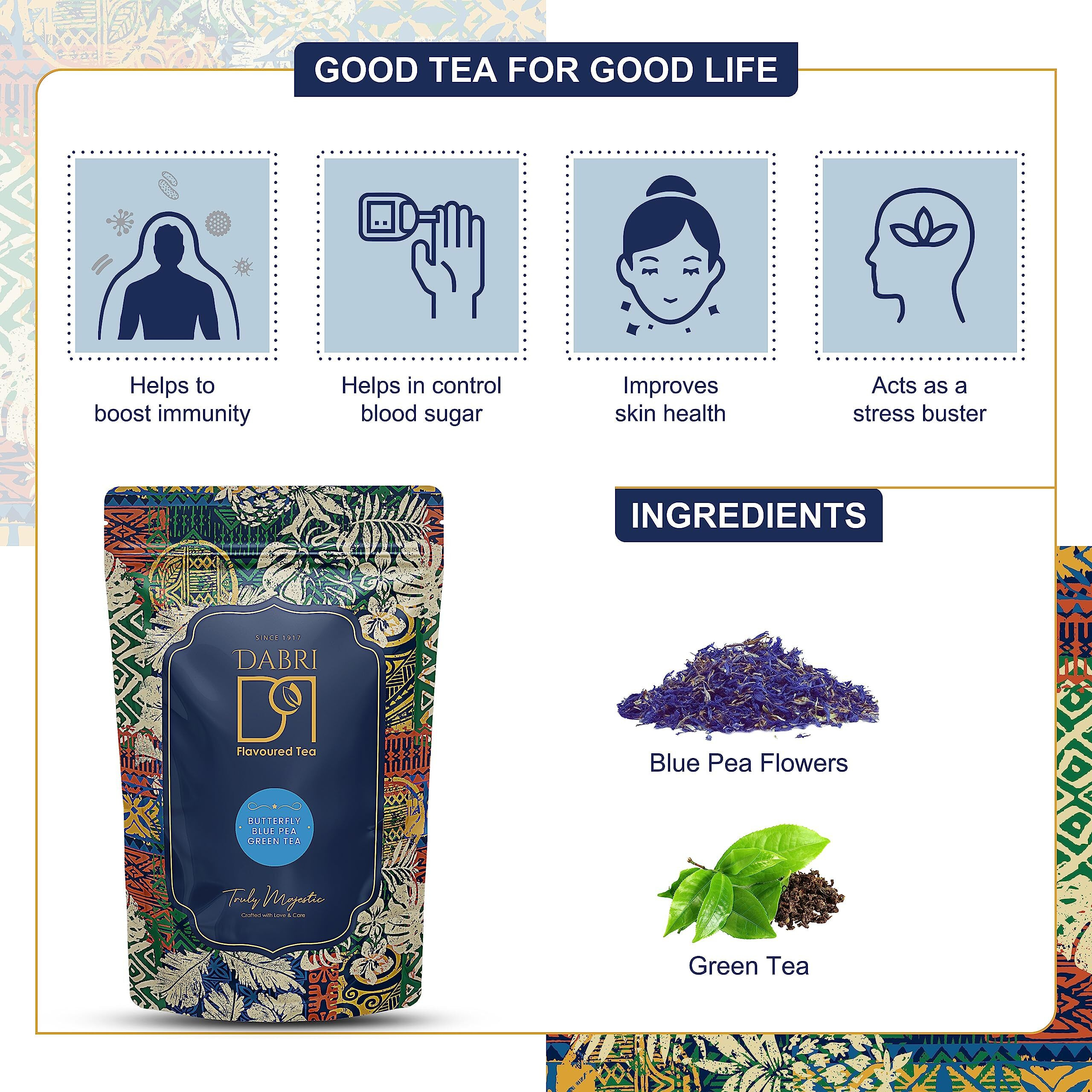 DABRI Blue Flower Butterfly Pea Green Tea Premium With Zipper Pouch Of 100 G (200 Cups Approx) | Farm Packed For Freshness | Iced Tea, Cooler, Cocktails, Mocktails, 100 grams