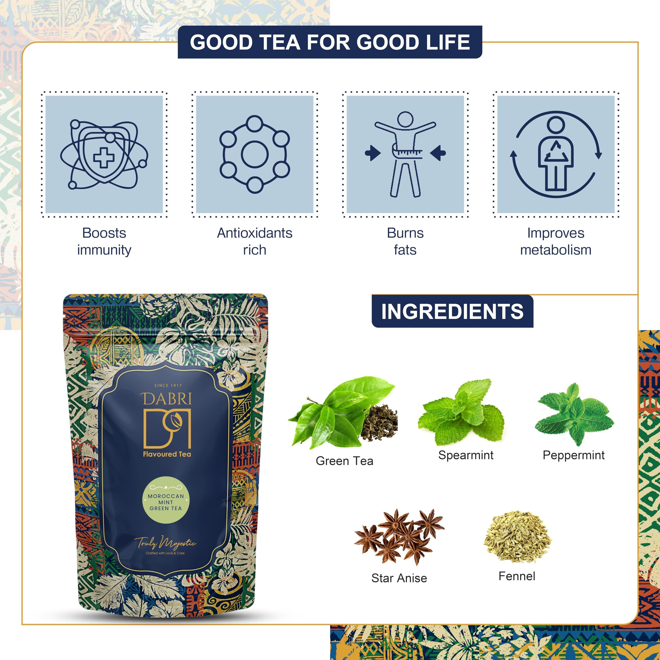 DABRI Moroccan Mint Green Tea 100gram For Help For Weight Management, Reduce Stress & Maintain Blood Pressure, Loose Leaves