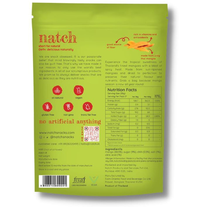 Natch Dried Thai Mango Slices, 100% All Natural, Vegan, Gluten Free, No Artificial Preservatives, Trans Fat Free, Rich in Antioxidants, Chilli Flavour, 150gm each (Pack of 3)