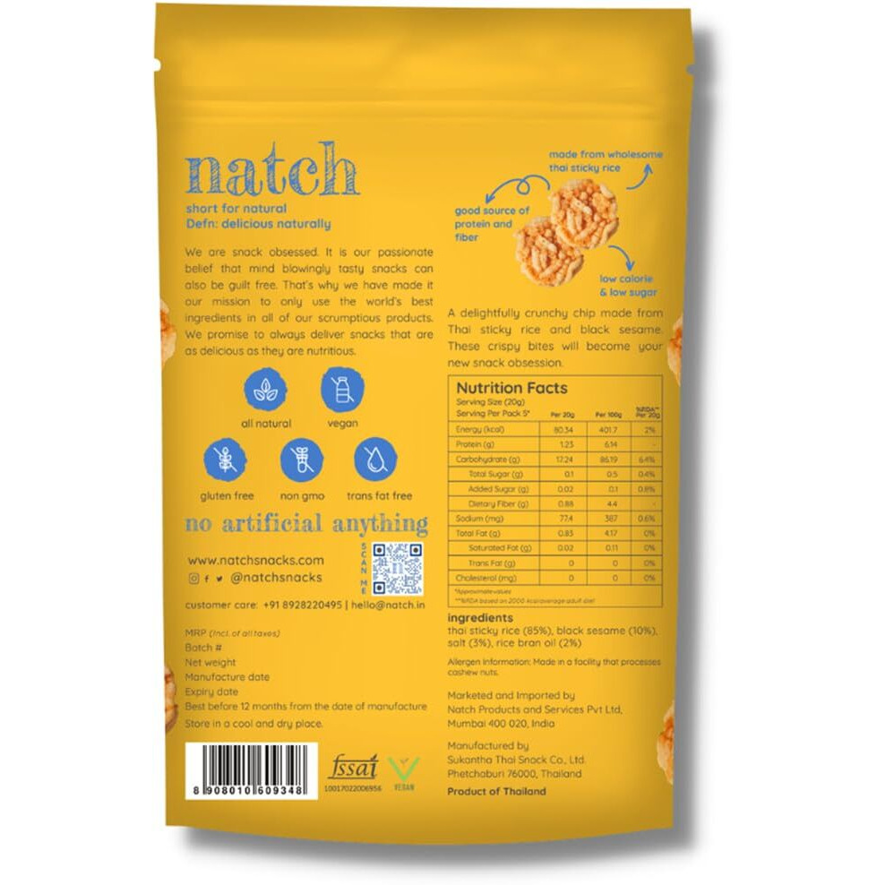 Natch Thai Sticky Rice Chips, Gluten Free, Vegan, Party Family Pack, All Natural Crunchy Crackers (Sesame) 100 Gm