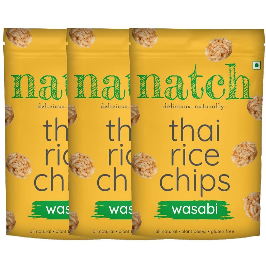 Natch Thai Sticky Rice Chips, Gluten Free, Vegan, Party Family Pack, All Natural Crunchy Crackers (Wasabi) 100 Gm (Pack of 3)