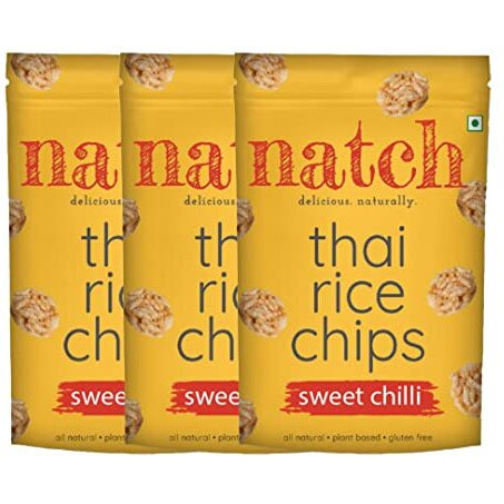 Natch Thai Sticky Rice Chips, 100% All Natural, Vegan, Gluten Free, No Artificial Preservatives, Trans Fat Free, Low Calorie, Sweet Chilli Flavour, 100g each (Pack of 3)