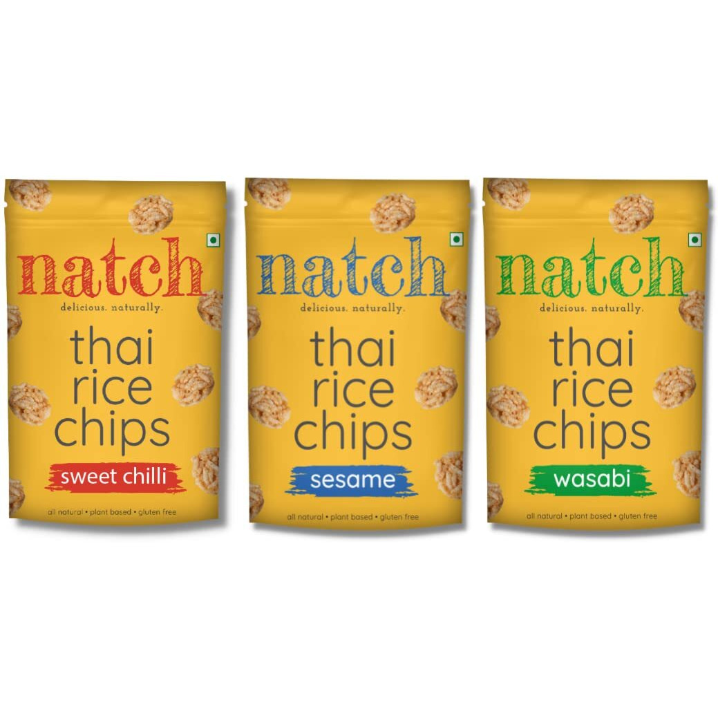 Natch Thai Sticky Rice Chips Variety Pack, 100% All Natural, Vegan, Gluten Free, No Artificial Preservatives, Trans Fat Free, Low Calorie, Sesame, Wasabi & Sweet Chilli Flavour, 100g each (Pack of 3)