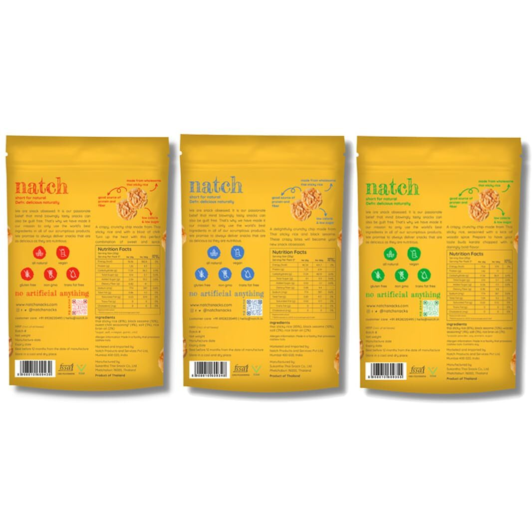 Natch Thai Sticky Rice Chips Variety Pack, 100% All Natural, Vegan, Gluten Free, No Artificial Preservatives, Trans Fat Free, Low Calorie, Sesame, Wasabi & Sweet Chilli Flavour, 100g each (Pack of 3)