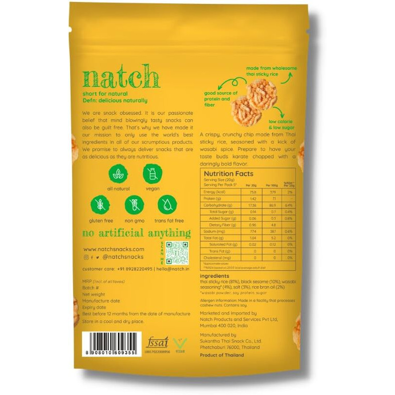 Natch Thai Sticky Rice Chips, Gluten Free, Vegan, Party Family Pack, All Natural Crunchy Crackers (Wasabi) 100 Gm Each (Pack of 2)