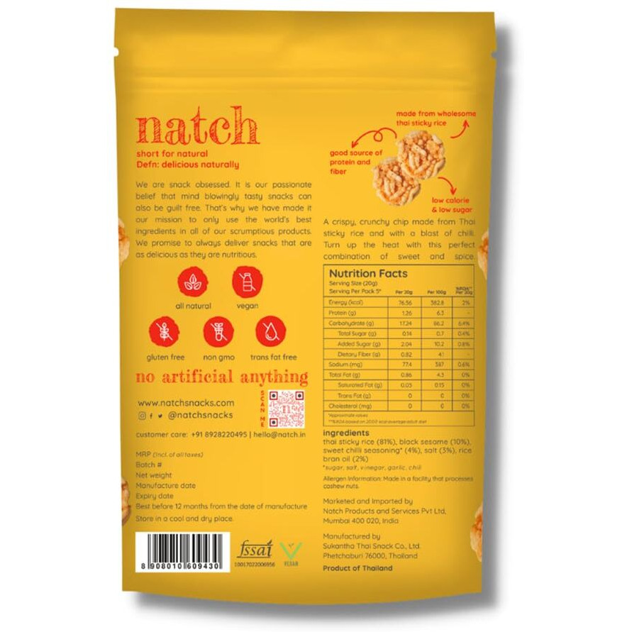 Natch Thai Sticky Rice Chips, 100% All Natural, Vegan, Gluten Free, No Artificial Preservatives, Trans Fat Free, Low Calorie, Sweet Chilli Flavour, 100g each (Pack of 2)
