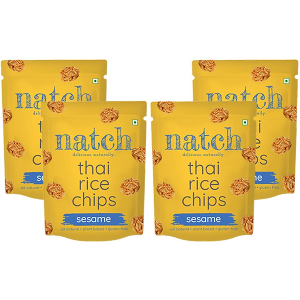 Natch Thai Sticky Rice Chips, Gluten Free, Vegan, Party Family Pack, All Natural Crunchy Crackers (Sesame) 25gm Each (Pack of 4)