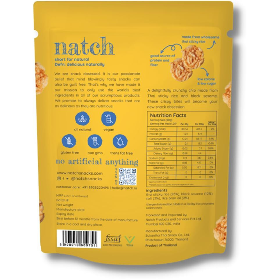 Natch Thai Sticky Rice Chips, Gluten Free, Vegan, Party Family Pack, All Natural Crunchy Crackers (Sesame) 25gm Each (Pack of 4)