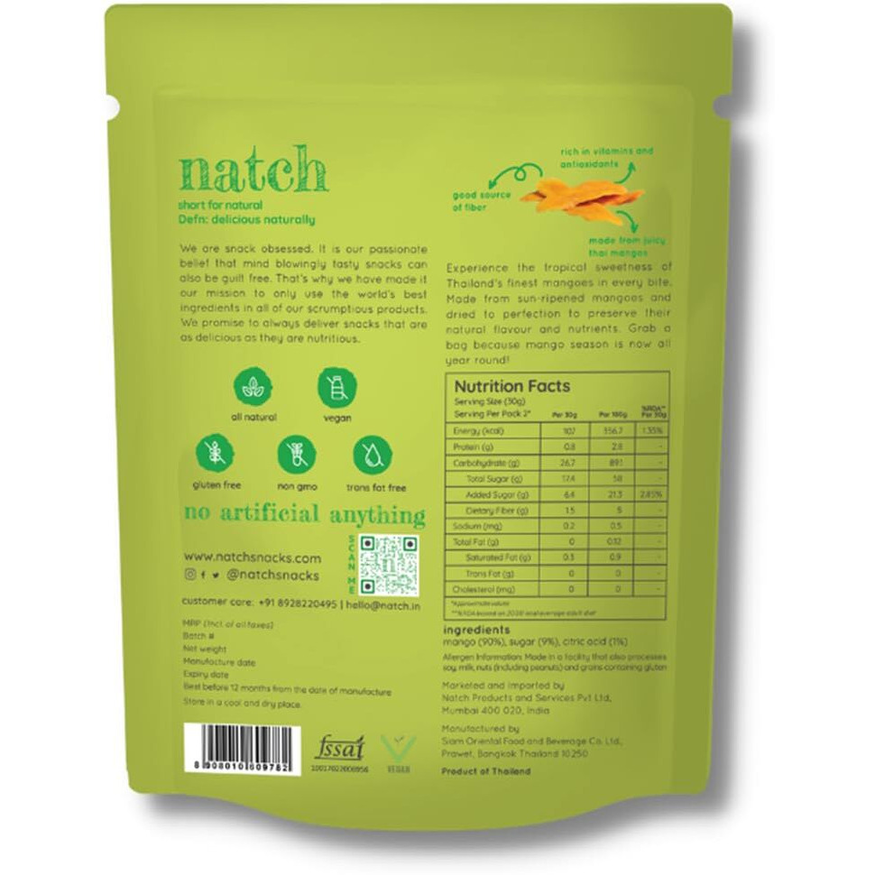 Natch Dried Thai Mango Slices, 100% All Natural, Vegan, Gluten Free, No Artificial Preservatives, Trans Fat Free, Rich in Antioxidants, Bare Flavour, 60gm each (Pack of 2)