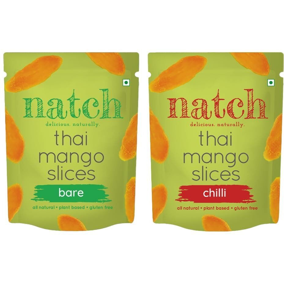 Natch Dried Thai Mango Slices, 100% All Natural, Vegan, Gluten Free, No Artificial Preservatives, Trans Fat Free, Rich in Antioxidants, Bare and Chili Flavour, 60gm each (Pack of 2)