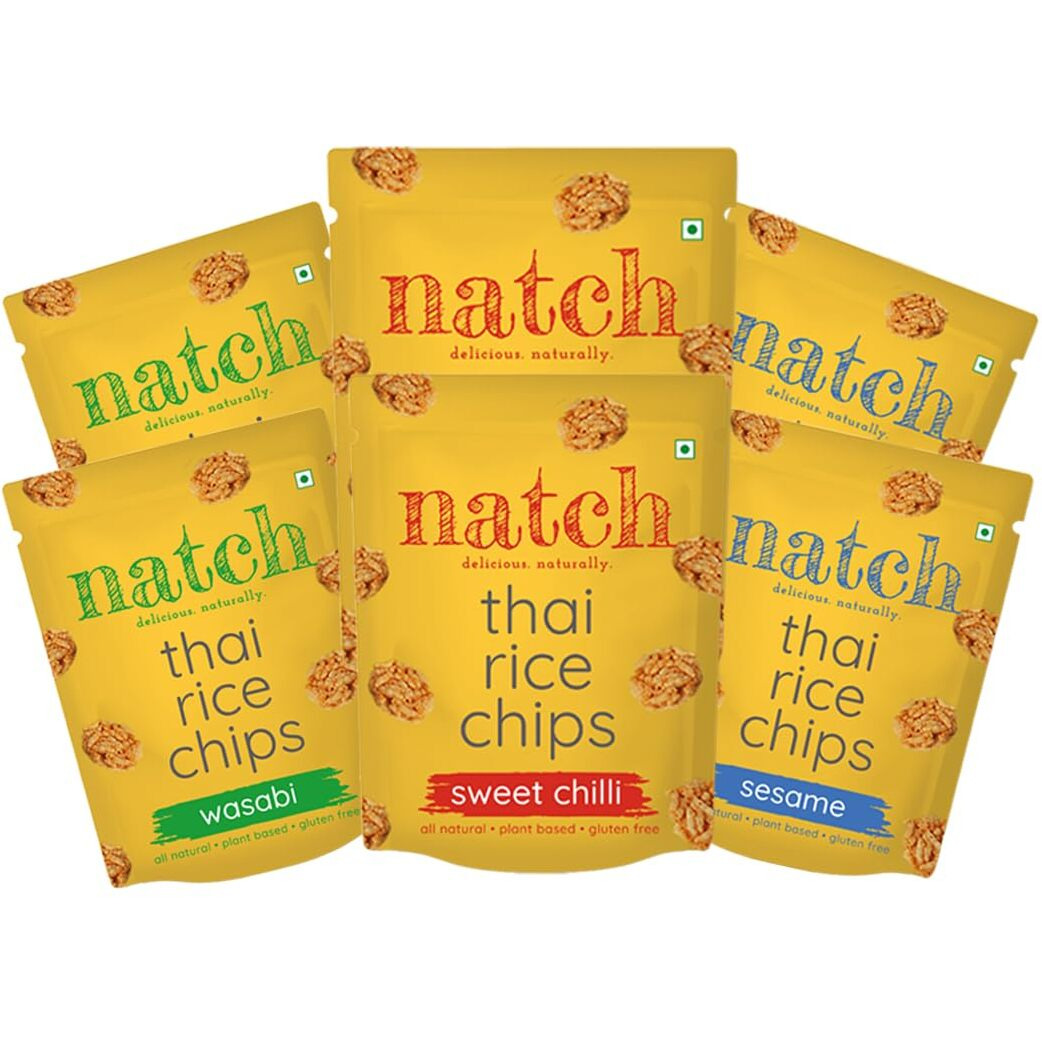 Natch Thai Sticky Rice Chips, 100% All Natural, Vegan, Gluten Free, No Artificial Preservatives, Trans Fat Free, Low Calorie, Sesame Butter, Wasabi, Sweet Chilli Flavour, 25gm each (Pack of 6)
