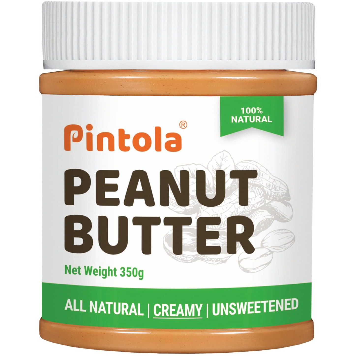 Pintola All Natural Peanut Butter (Creamy) (350g (Pack of 1)) | Unsweetened | 30g Protein | Non GMO | Gluten Free | Cholesterol Free