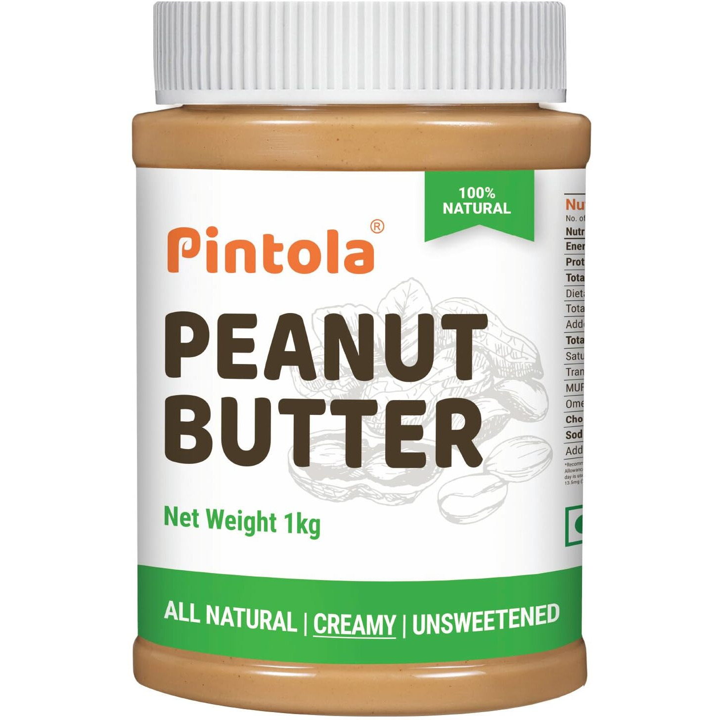 Pintola All Natural Peanut Butter Creamy 1kg | Smooth | Unsweetened | 30g Protein | Gluten & Cholesterol Free, Vegan Peanut Butter, Nut Butter, High in Protein Spread, 100% Pure Roasted peanuts butter