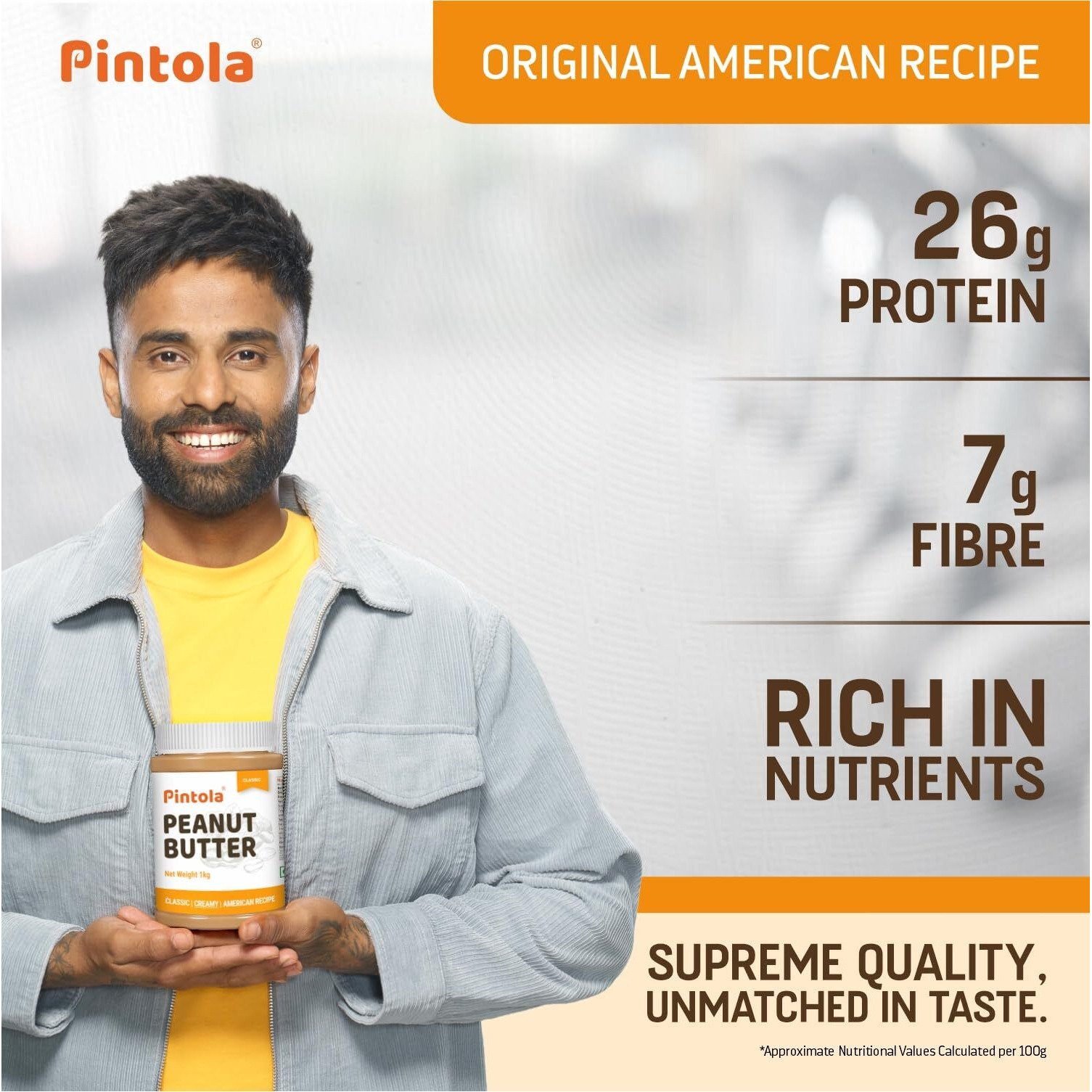 PINTOLA Original Classic Peanut Butter Crunchy 350g - with High Protein 26g & 7.2g Fiber, Premium Roasted Nuts, Gluten Free, Zero Trans Fat, with MUFA Good Fats, Vit E & B3, Dairy Free