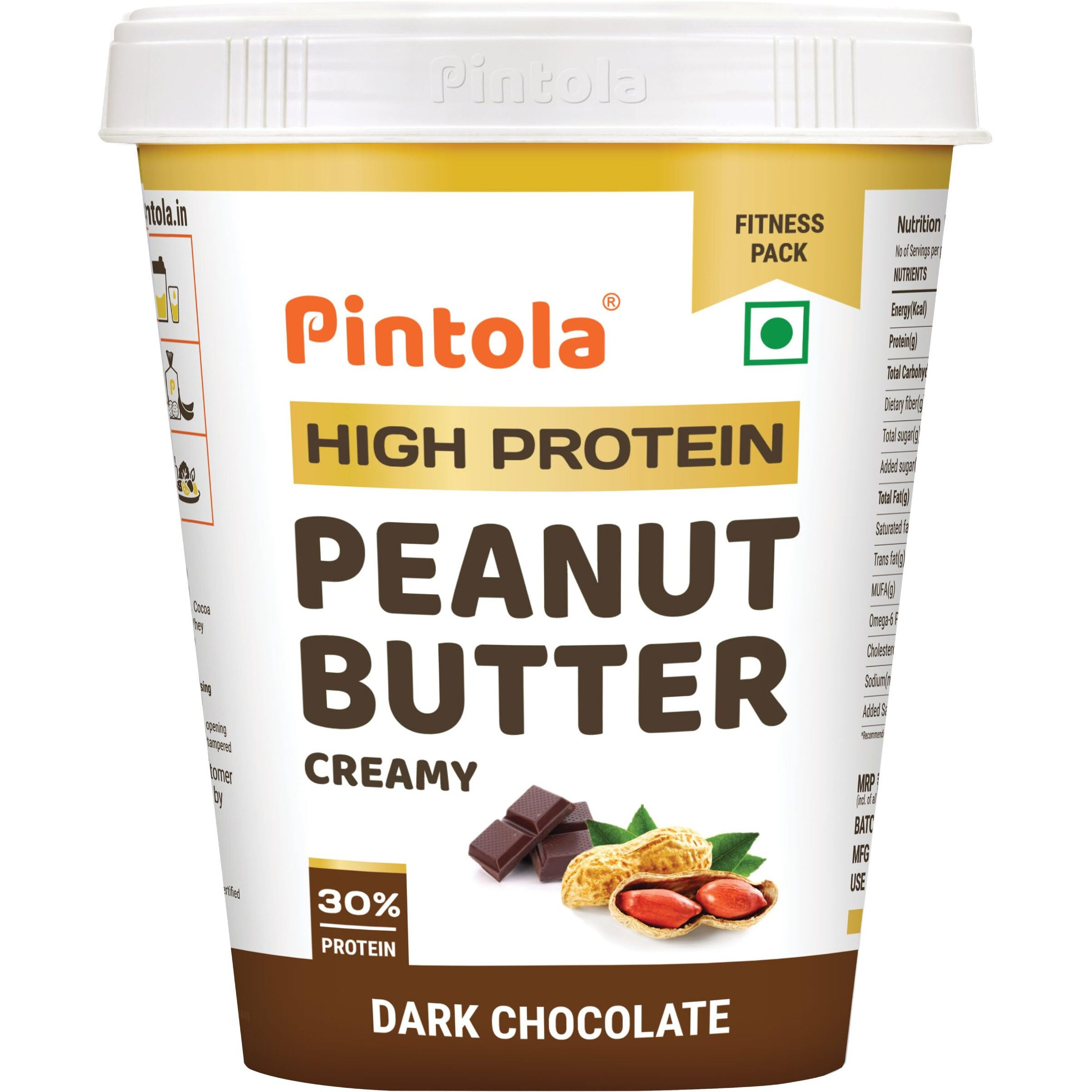 PINTOLA High Protein Peanut Butter Chocolate Flavour Creamy 510g, Added WHEY Protein, 30g Protein 6.2g Fiber, Gluten Free, Zero Trans Fat, Dark Chocolate Peanut Butter Spread, Nut Butter Bread Snacks