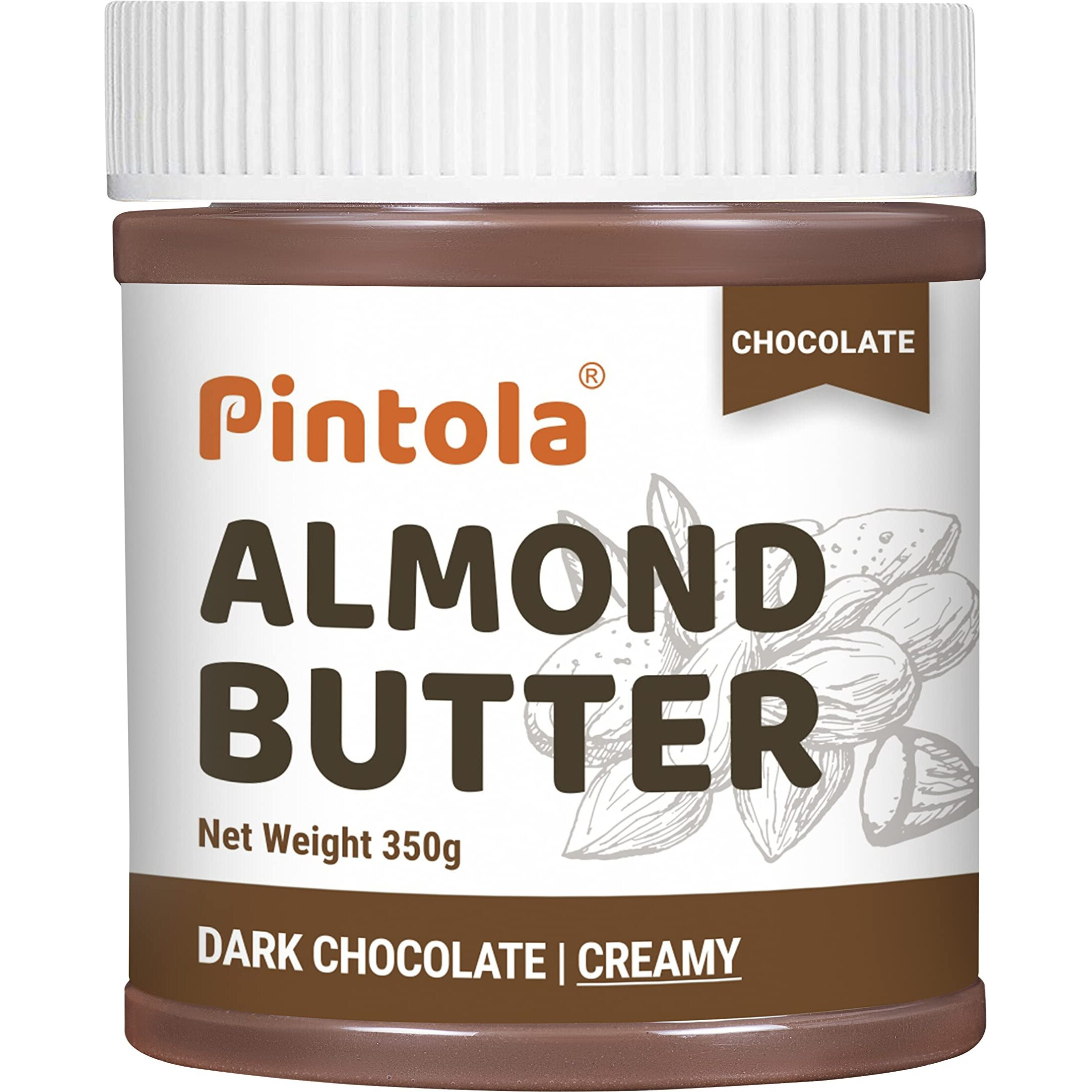 Pintola Almond Butter Dark Chocolate Creamy 350g, | High Fiber | Smooth | Gluten & Cholesterol Free | 14g Protein | Made with dark chocolate & fresh almonds