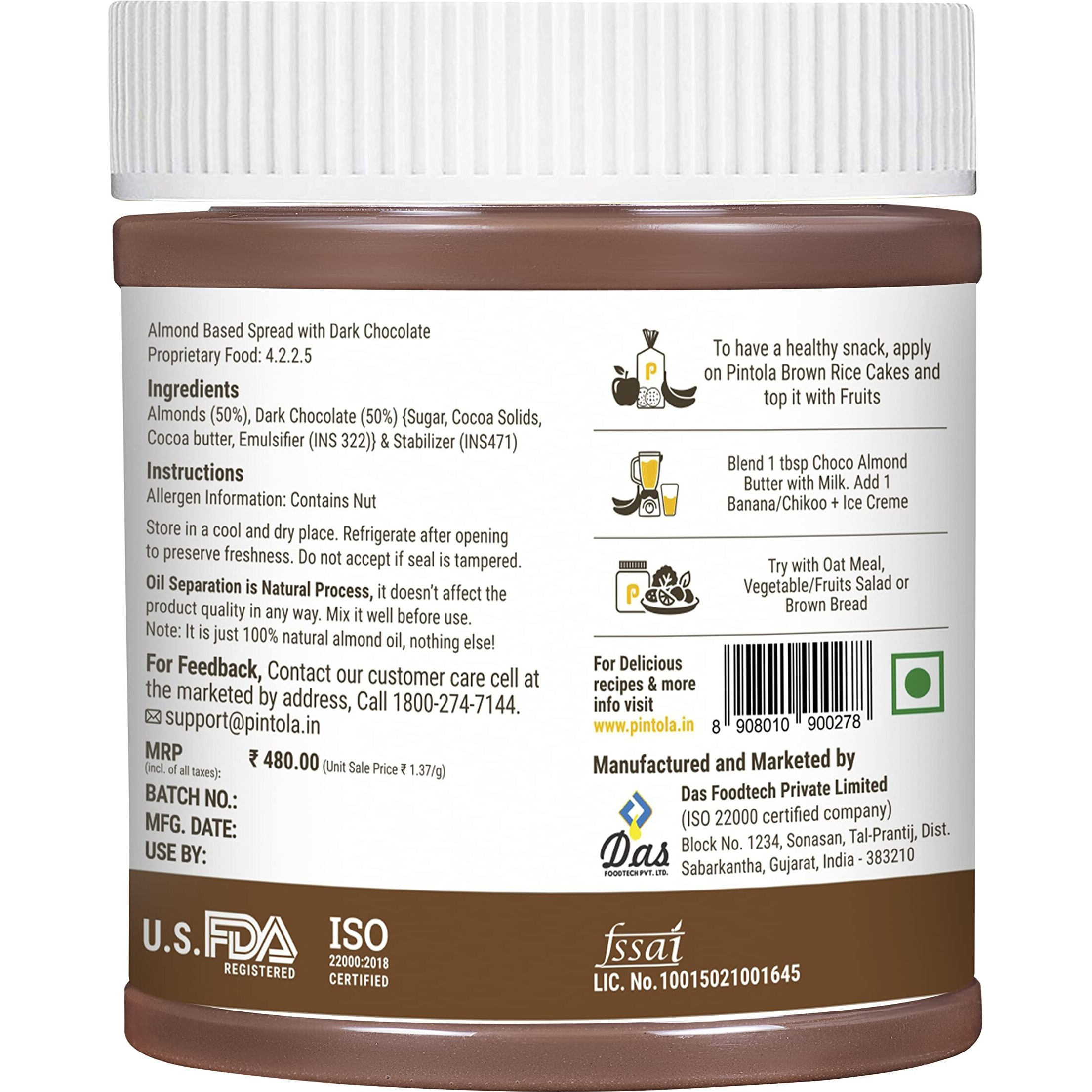 Pintola Almond Butter Dark Chocolate Creamy 350g, | High Fiber | Smooth | Gluten & Cholesterol Free | 14g Protein | Made with dark chocolate & fresh almonds