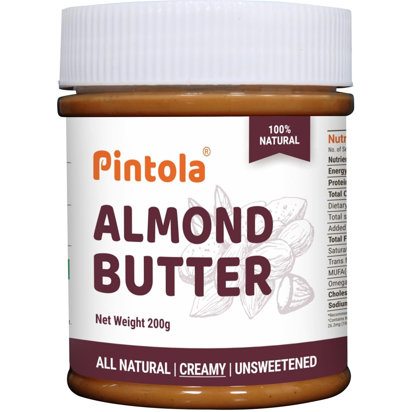 Pintola Almond Butter Creamy 200g - All Natural Unsalted Butter, Healthy Almond Butter Unsweetened for Bread Spreads, Vegan Almond Butter