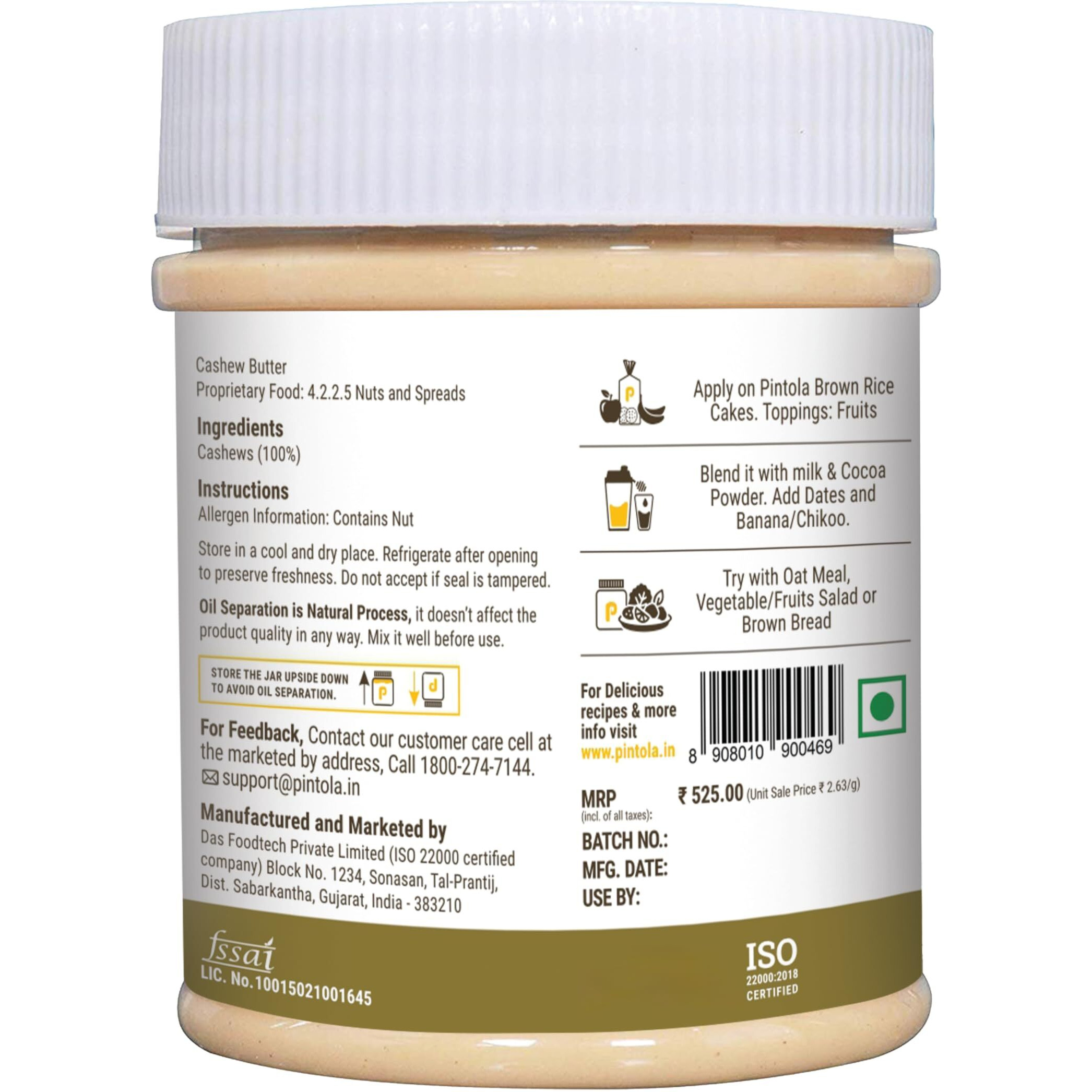 Pintola Cashew Butter 200g - All Natural Vegan Cashew Butter, Gluten Free & Cholesterol Free, Healthy Cashew Butter Unsweetened for Bread Spreads, Made with Fresh Cashews, Source of Fiber & Protein